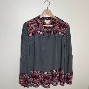 Style & Co Black Pink Floral Check Print Boho Blouse Large